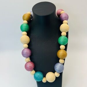 Vintage Wooden Bead Necklace Chunky Ribbed Multicolor Boho